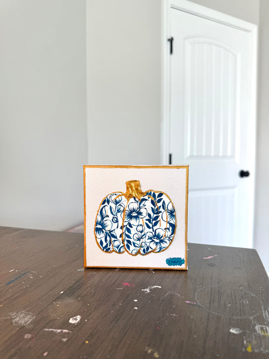 Textured Pumpkin Mini Canvas | Blue Toile