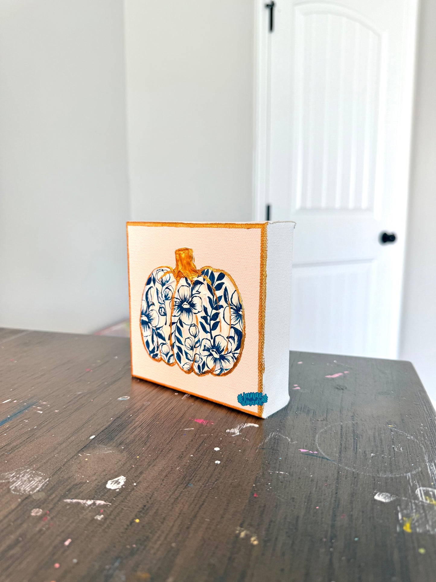 Textured Pumpkin Mini Canvas | Blue Toile