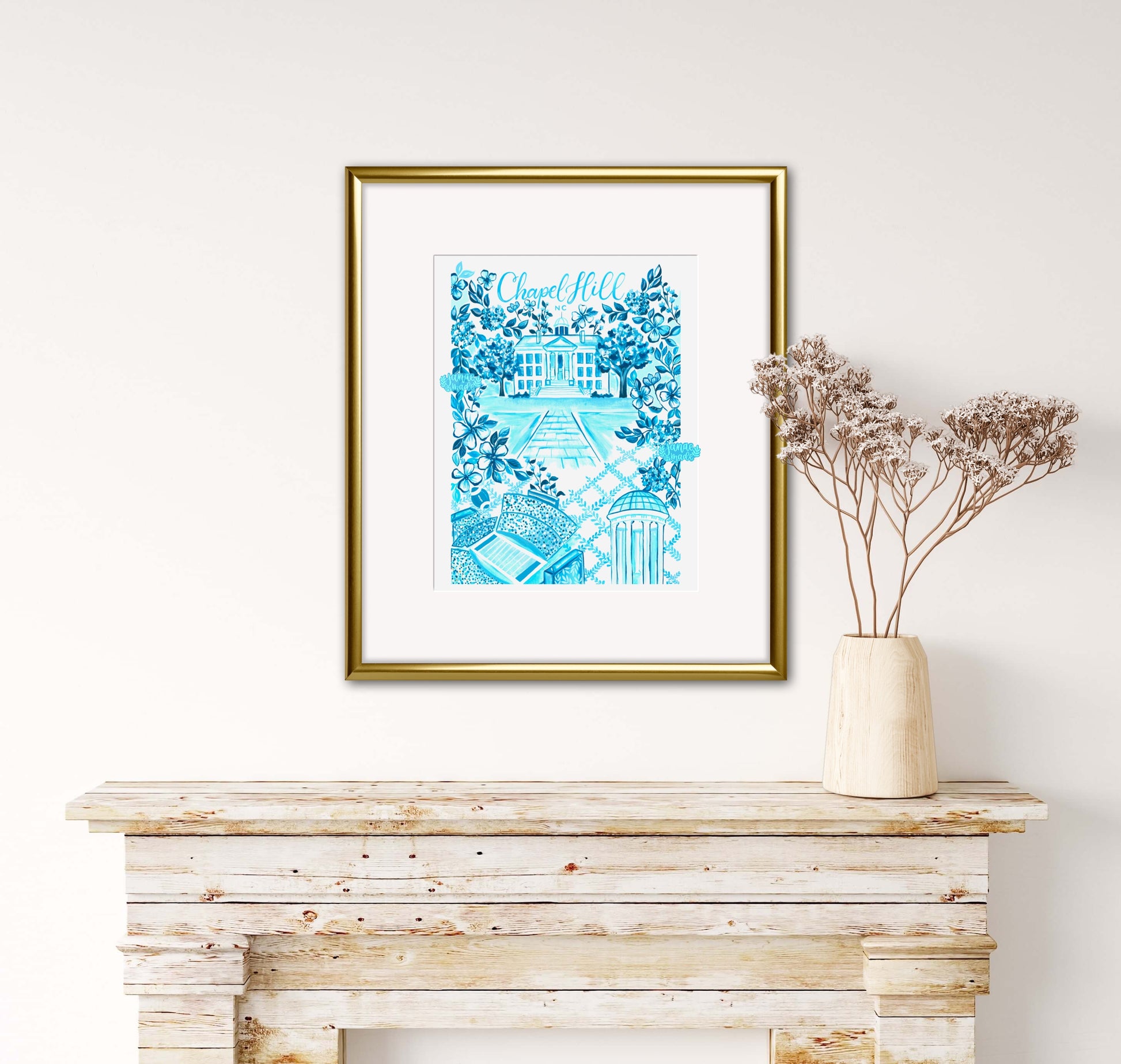 This bright blue toile art print is filled with floral details unique to chapel hill north carolina