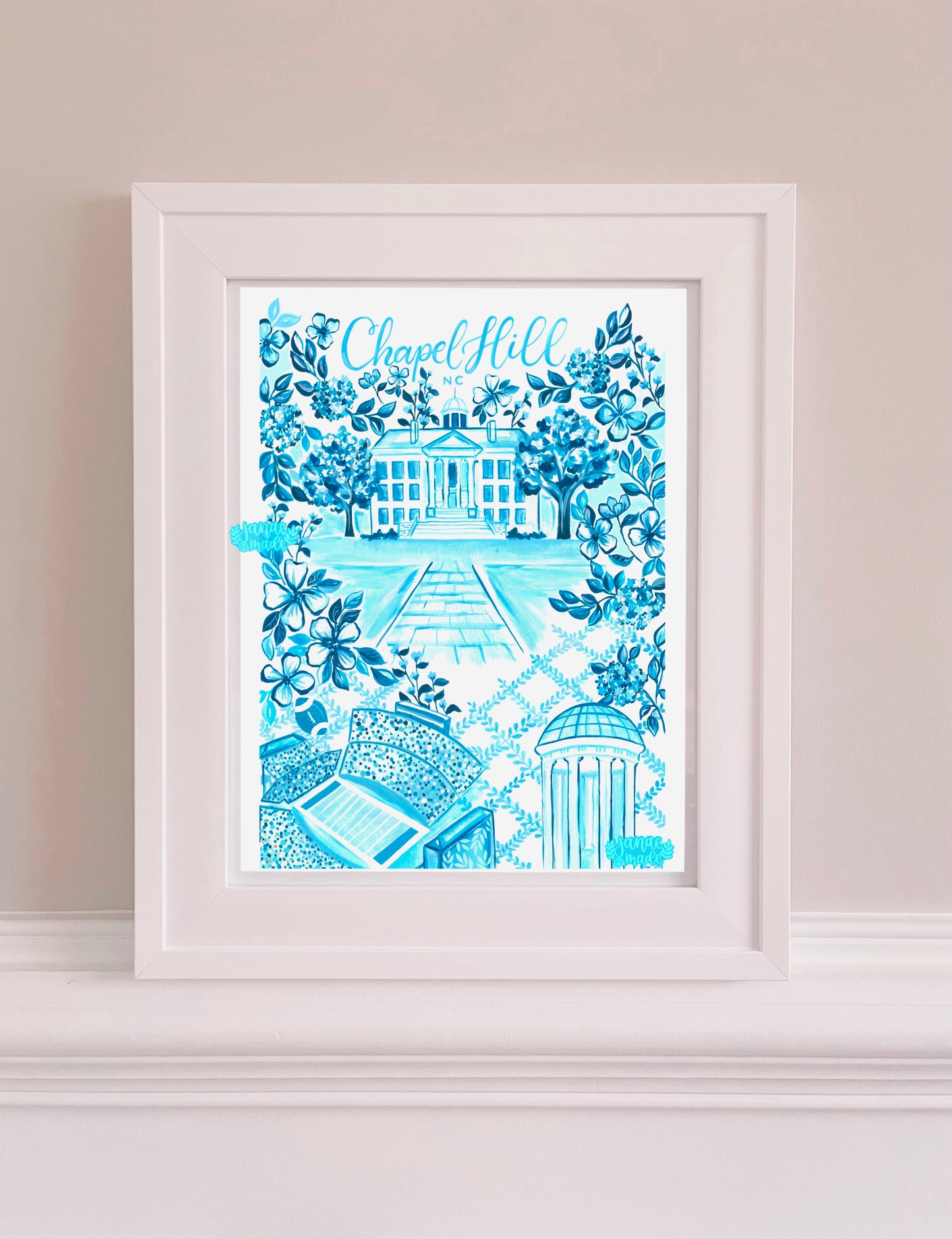 This bright blue art print is filled with floral details unique to chapel hill north carolina