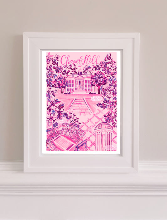 this is a vibrant pink and fuschia floral art print based on a hand painted print. The print is filled with details uniique to chapel hill north carolina.