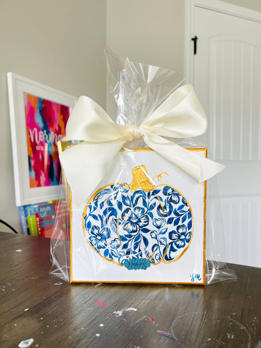 Textured Pumpkin Mini Canvas | Blue Toile