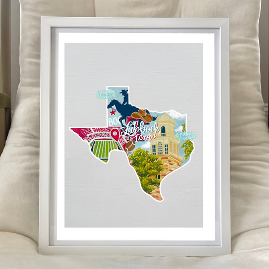 The Lubbock, TX inspired art print is green, red, navy blue, and tan. It includes a riding cowboy, football stadium, and detailed bell tower. The art print sits in a white frame. 