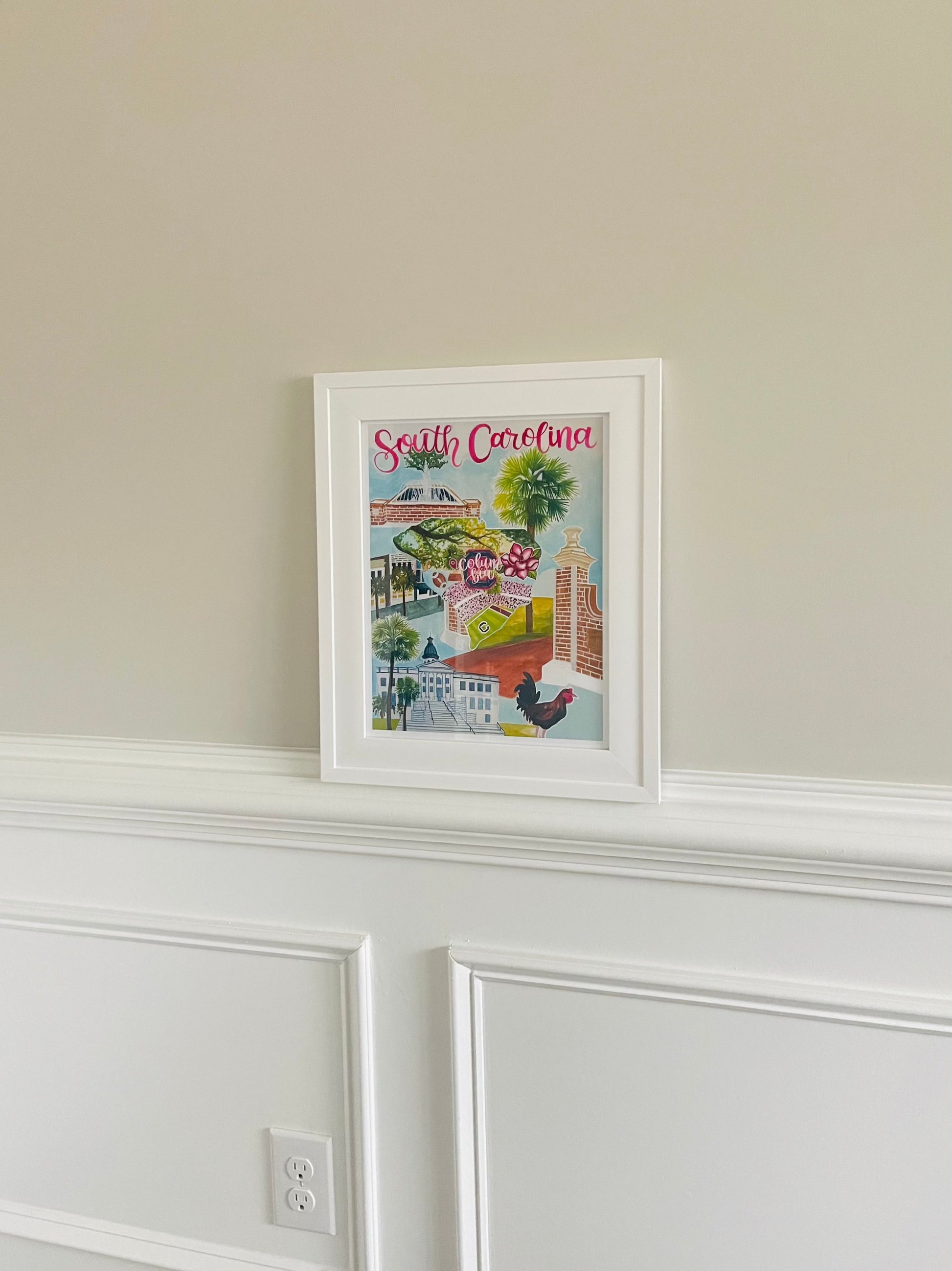 This vibrant South Carolina art print is filled with bright green palmettos, five points, and natural scenery such as magnolias and trees. Side view