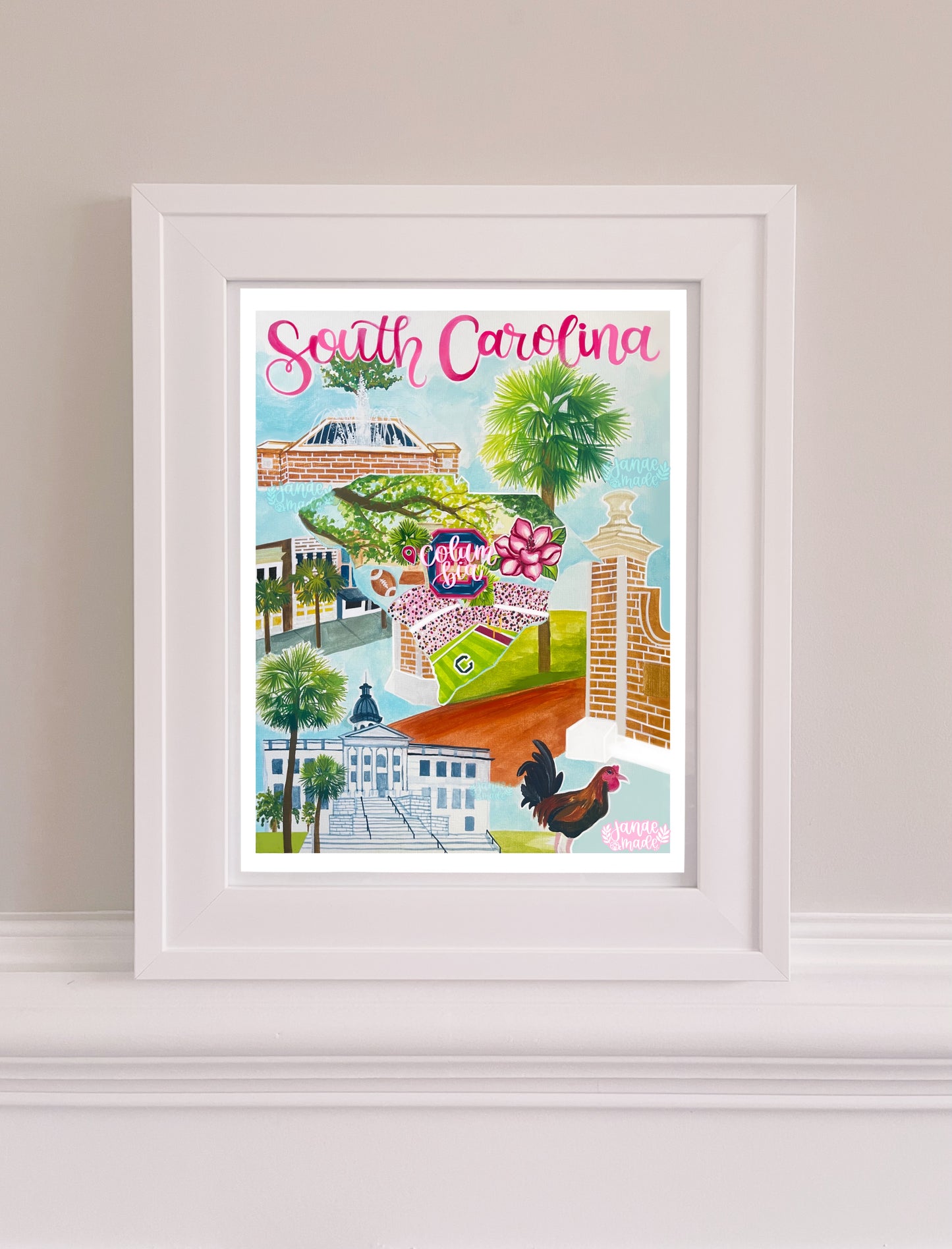 This vibrant South Carolina art print is filled with bright green palmettos, five points, and natural scenery such as magnolias and trees.